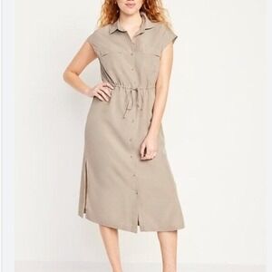 Old Navy Tan Sleeveless Button Front Drawstring Waist Shirt Dress Plus Size 4X